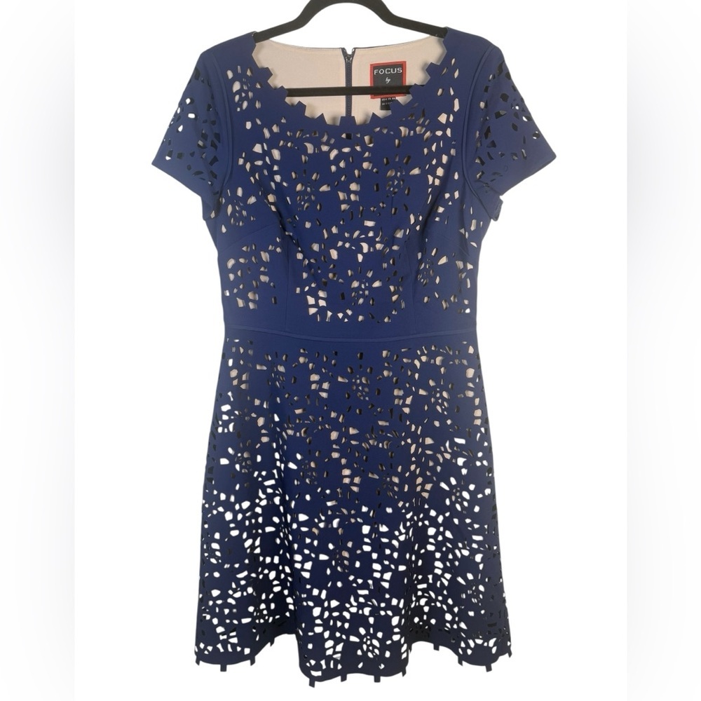 Focus By Shani Blue Laser Cut Short Sleeve Above Knee Fit & Flare Dress Size 8